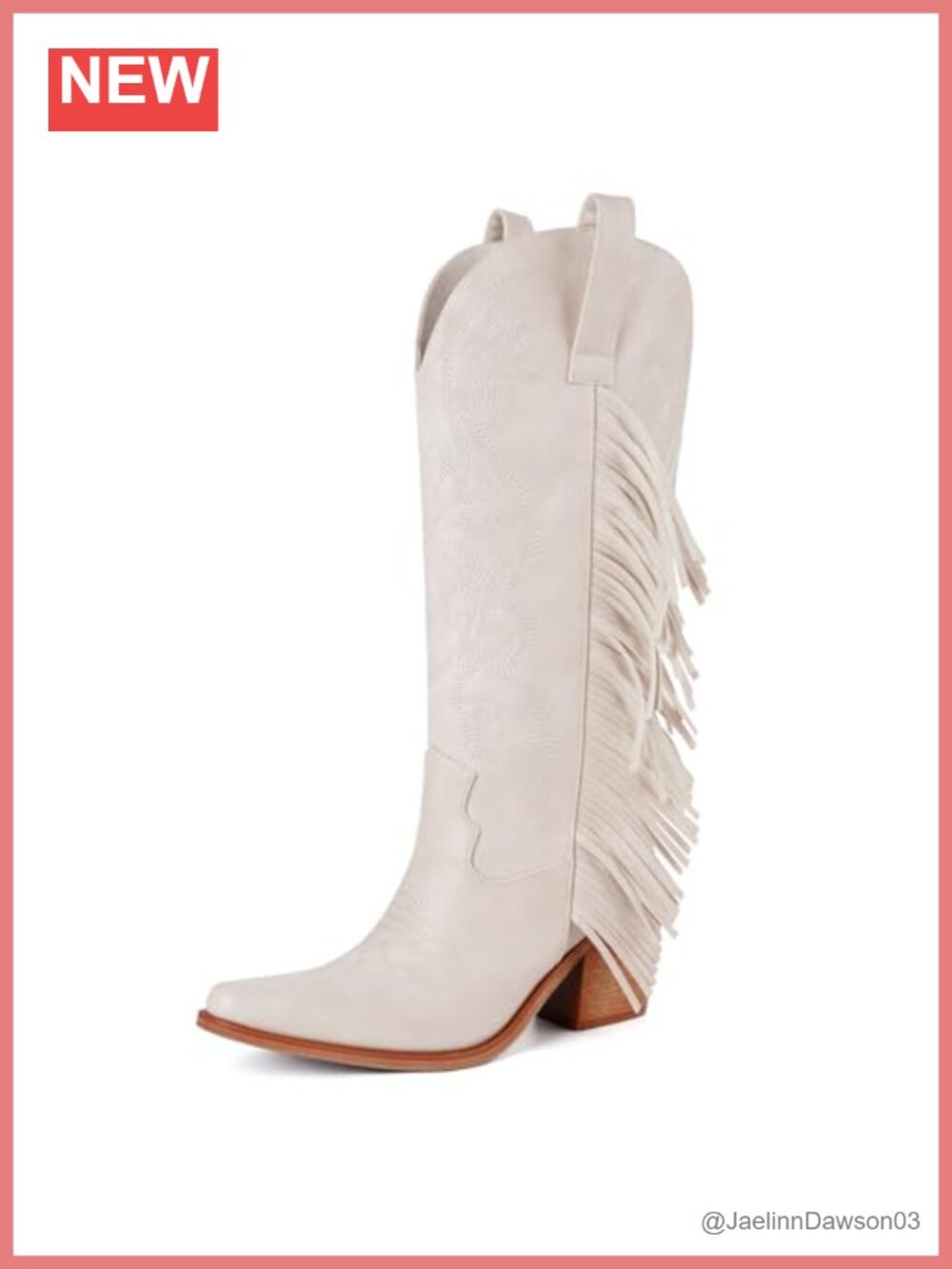 Women Knee-High Western Boots Pointed Toe Chunky Heel Fringe Pull On